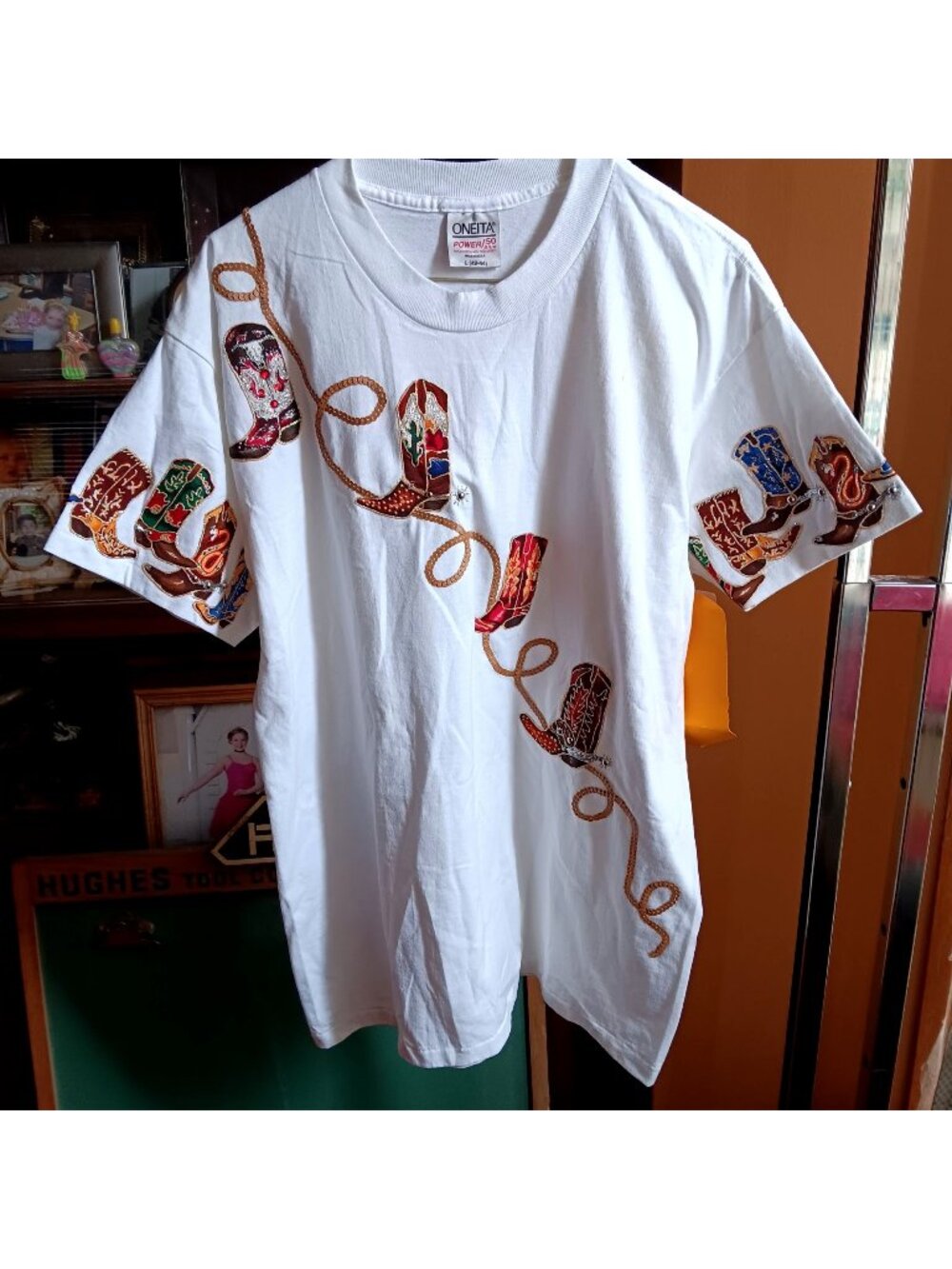 NWT Vintage Handpanted Glitter Cowgirl T-shirt 1990's Oneita White Boot Sequins